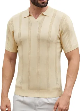 Men's Knit Polo Shirts Short Sleeve Texture Polo Shirt Fashion Casual Ribbed Golf Shirts