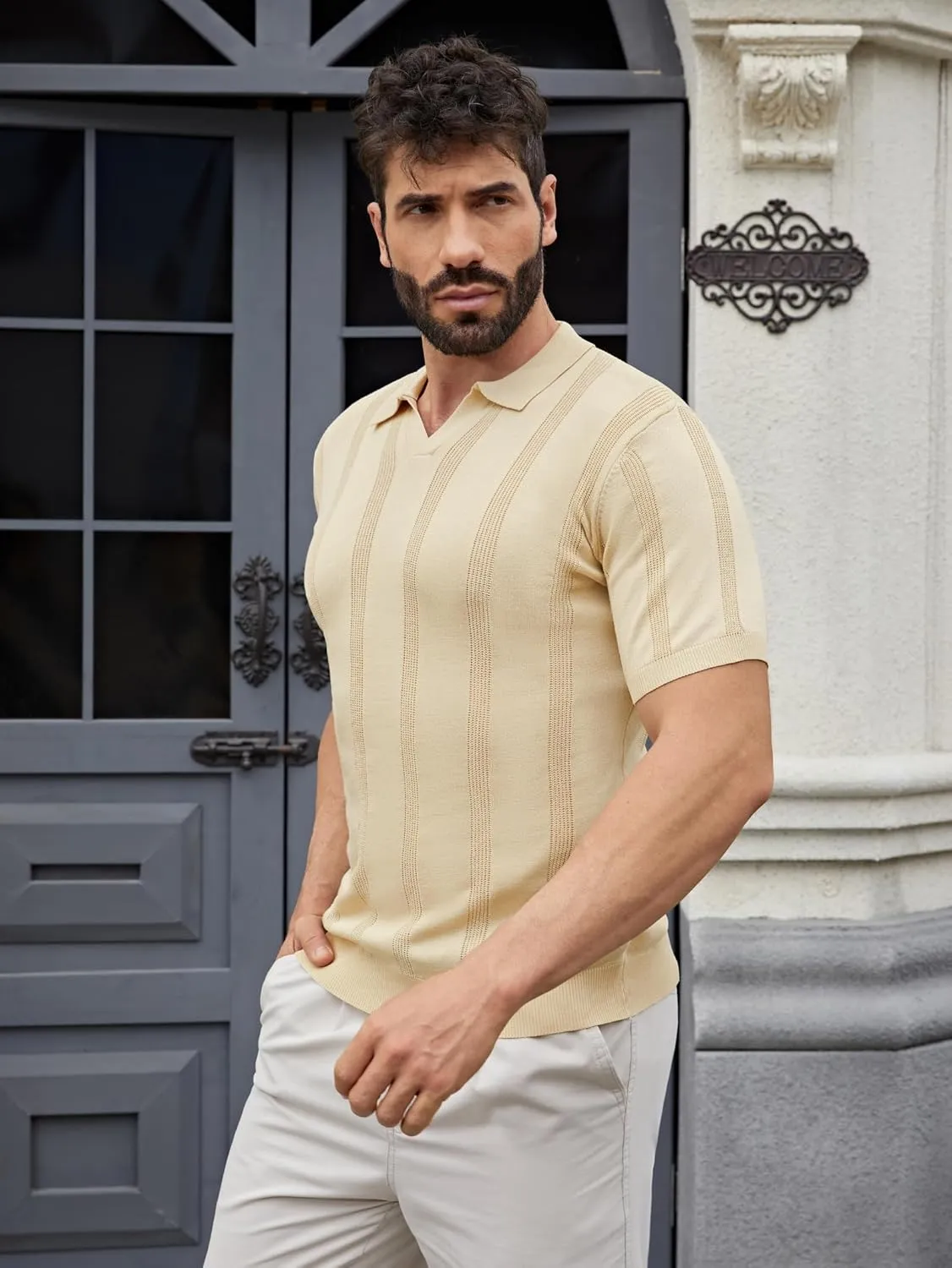 Men's Knit Polo Shirts Short Sleeve Texture Polo Shirt Fashion Casual Ribbed Golf Shirts