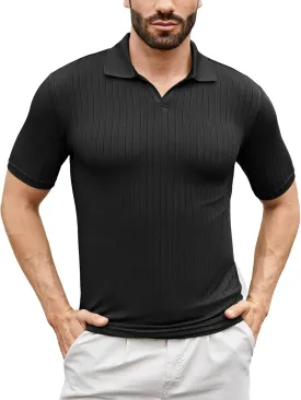 Men's Knit Polo Shirts Short Sleeve Texture Polo Shirt Fashion Casual Ribbed Golf Shirts