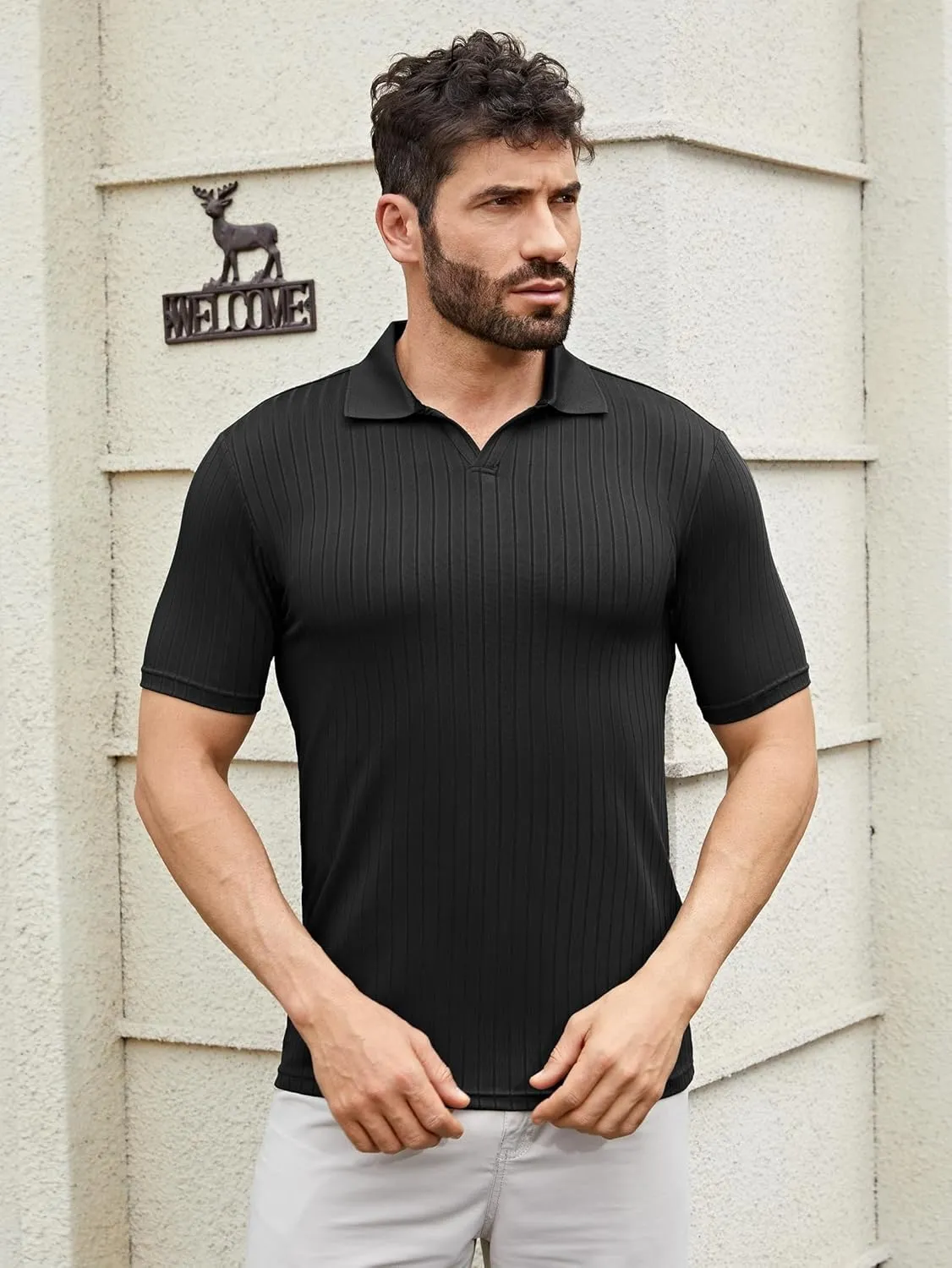 Men's Knit Polo Shirts Short Sleeve Texture Polo Shirt Fashion Casual Ribbed Golf Shirts