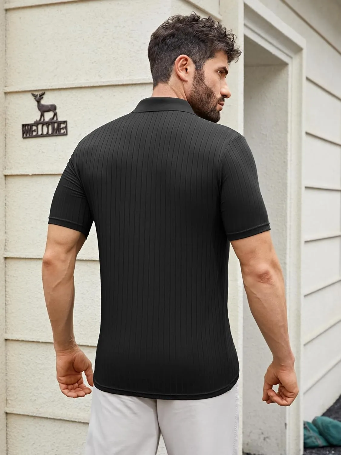 Men's Knit Polo Shirts Short Sleeve Texture Polo Shirt Fashion Casual Ribbed Golf Shirts