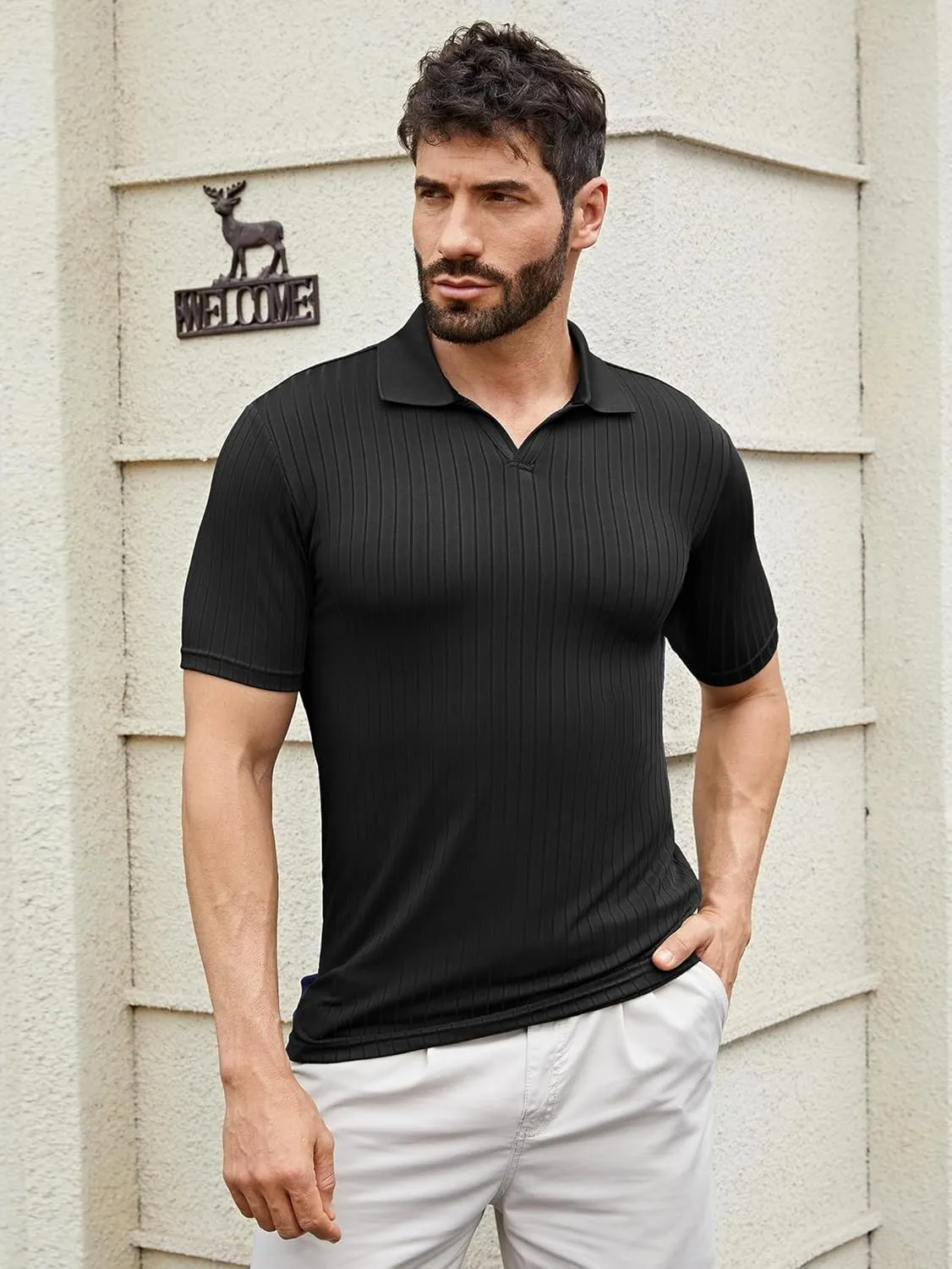 Men's Knit Polo Shirts Short Sleeve Texture Polo Shirt Fashion Casual Ribbed Golf Shirts
