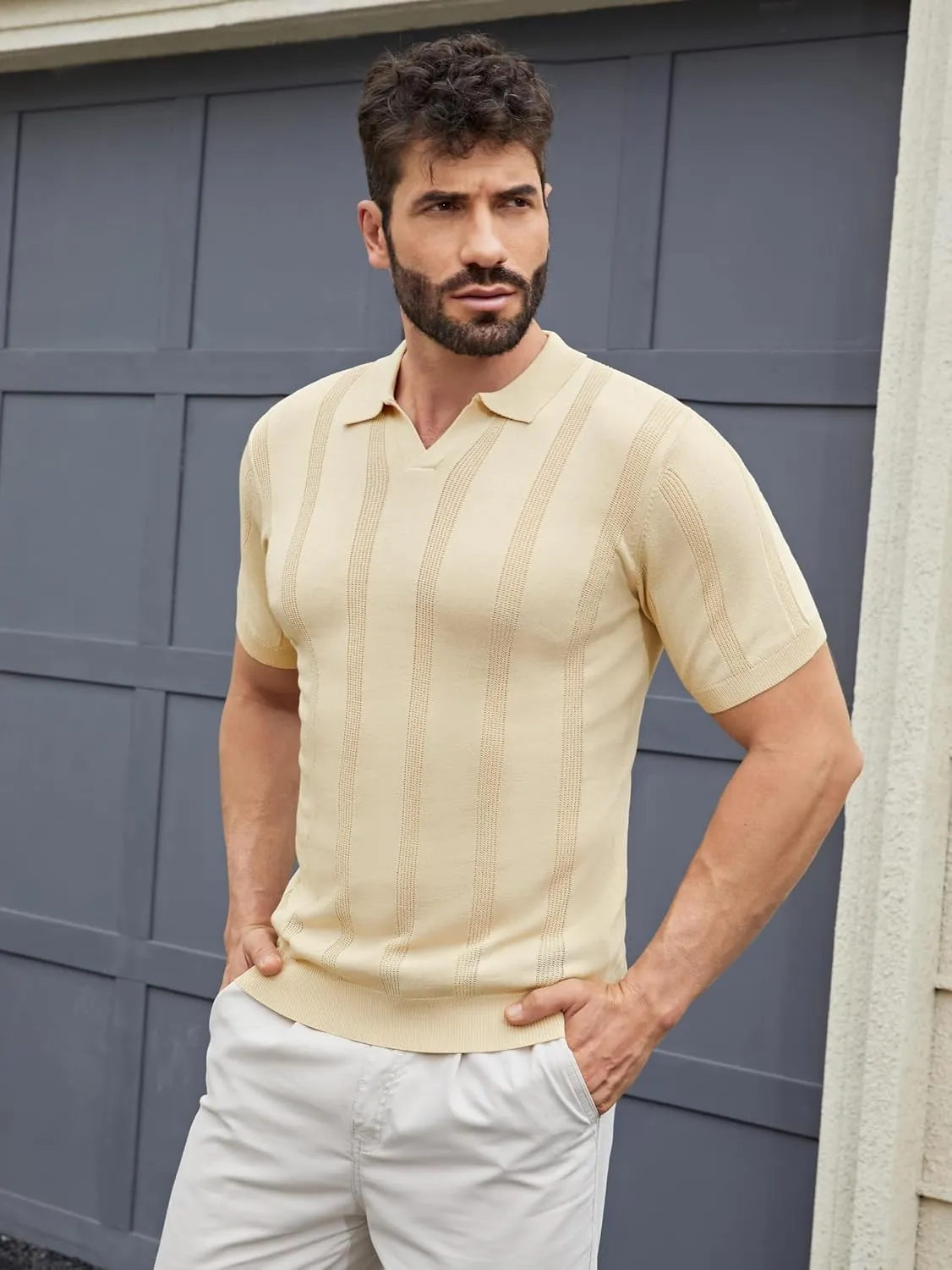 Men's Knit Polo Shirts Short Sleeve Texture Polo Shirt Fashion Casual Ribbed Golf Shirts