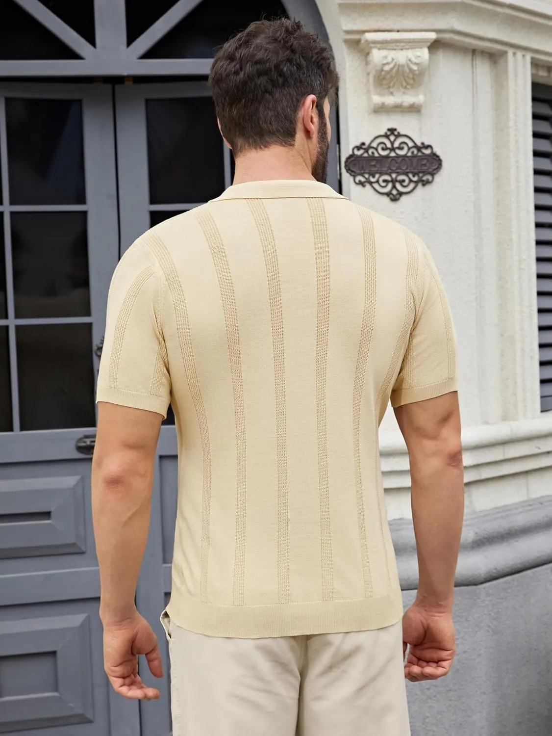 Men's Knit Polo Shirts Short Sleeve Texture Polo Shirt Fashion Casual Ribbed Golf Shirts