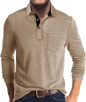 Mens Long Sleeve Polo Shirts Casual Fashion Button Up Collared Golf T Shirts with Pocket