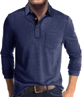 Mens Long Sleeve Polo Shirts Casual Fashion Button Up Collared Golf T Shirts with Pocket