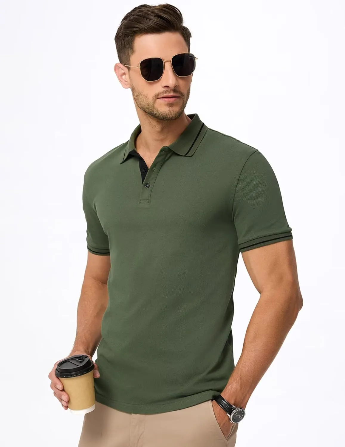 Men's Polo Shirts Classic Fit Button Up Short Sleeve Basic Cotton Tees Golf Work Tops