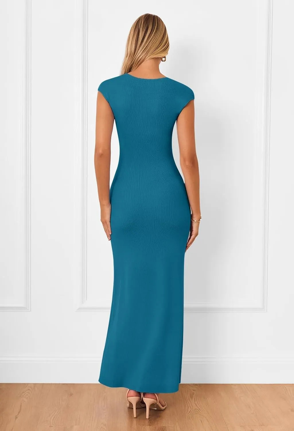 MEROKEETY Women's Cap Sleeve Rib Knit Maxi Dress Crew Neck Slim Fit Bodycon Summer Sweater Dresses