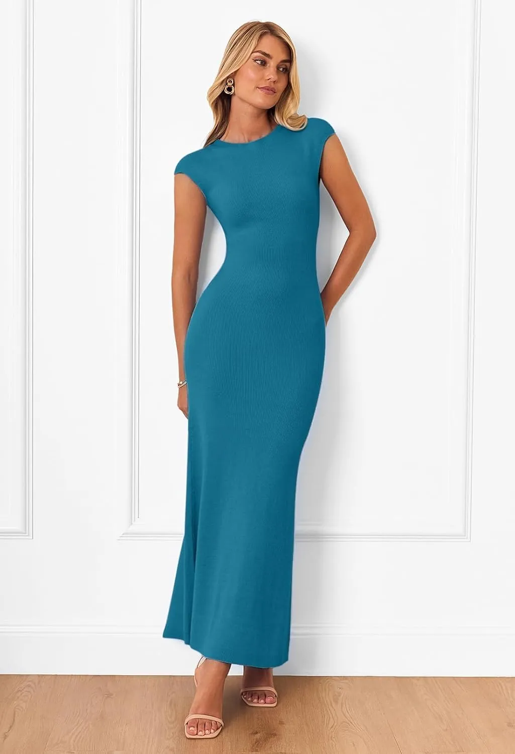 MEROKEETY Women's Cap Sleeve Rib Knit Maxi Dress Crew Neck Slim Fit Bodycon Summer Sweater Dresses