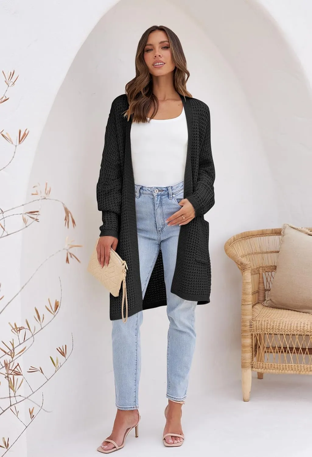 MEROKEETY Women's Oversized Long Batwing Sleeve Cardigan Waffle Knit Sweater Coat