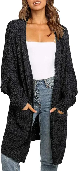 MEROKEETY Women's Oversized Long Batwing Sleeve Cardigan Waffle Knit Sweater Coat