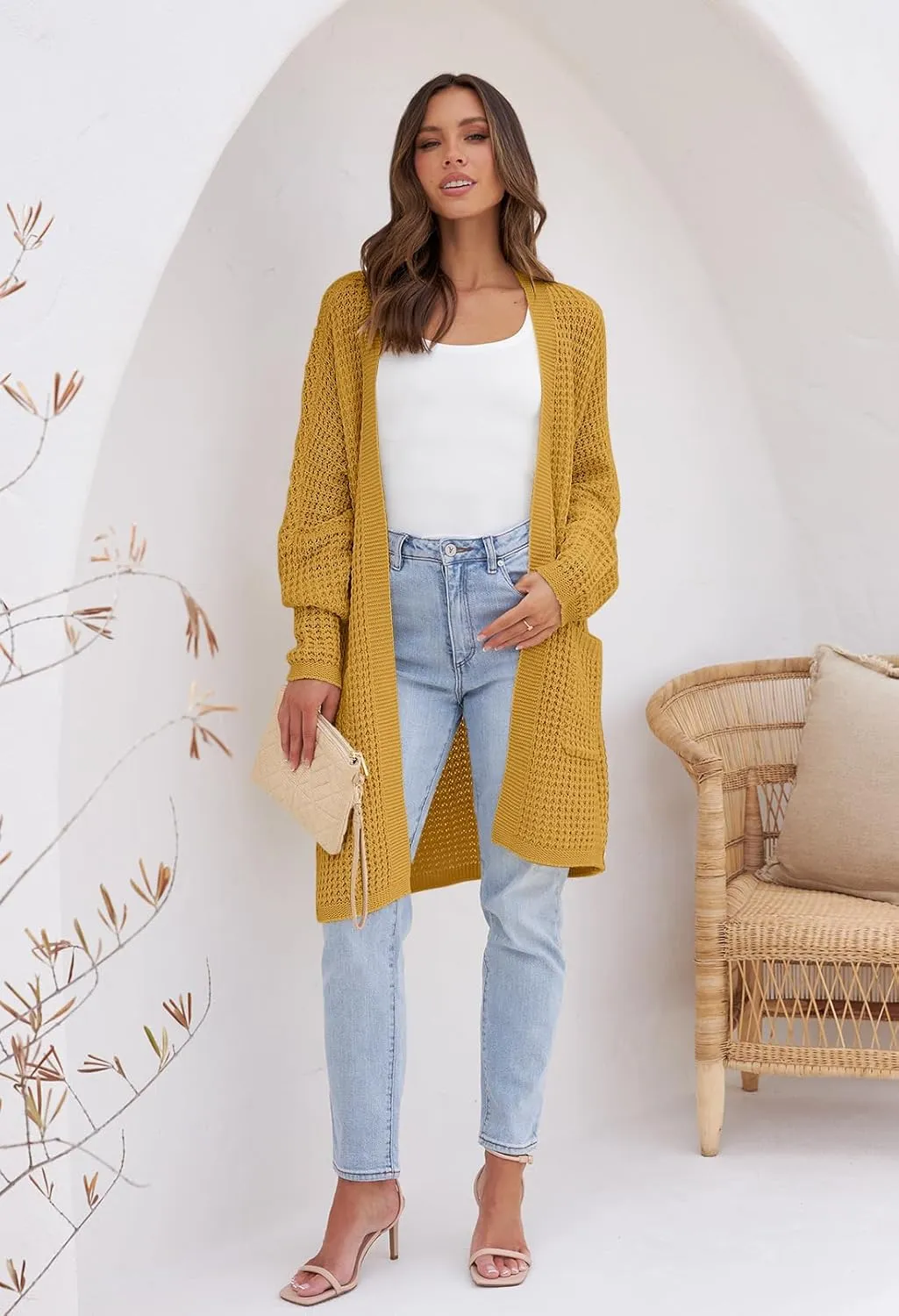 MEROKEETY Women's Oversized Long Batwing Sleeve Cardigan Waffle Knit Sweater Coat
