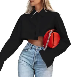 MISSACTIVER Women Solid Long Sleeve Button Up Crop Shirt Turn-Down Collar Irregular Loose Fitting Fashion Cropped Blouse Top