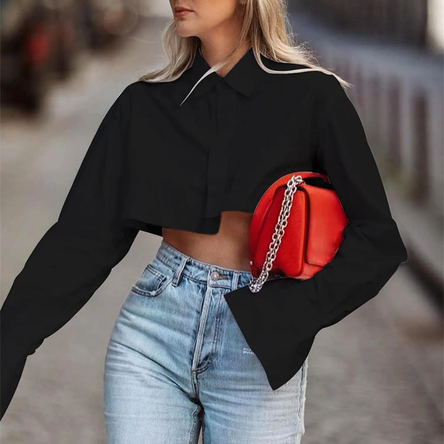 MISSACTIVER Women Solid Long Sleeve Button Up Crop Shirt Turn-Down Collar Irregular Loose Fitting Fashion Cropped Blouse Top