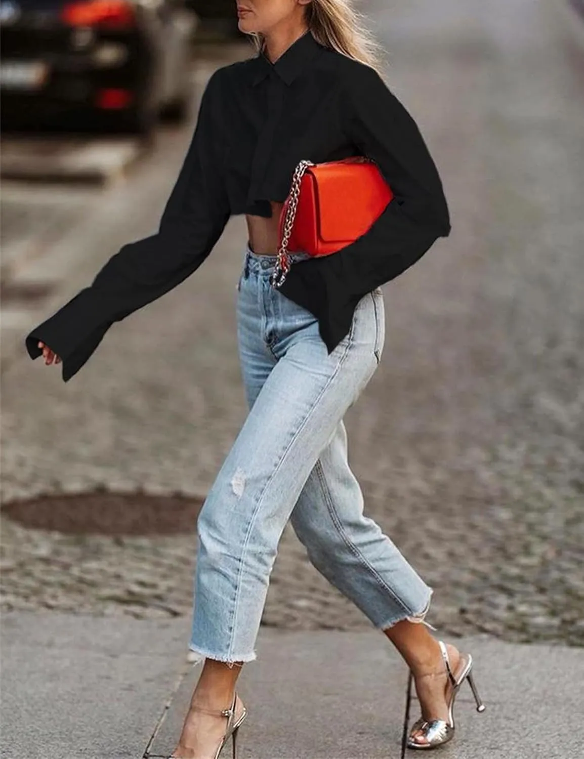 MISSACTIVER Women Solid Long Sleeve Button Up Crop Shirt Turn-Down Collar Irregular Loose Fitting Fashion Cropped Blouse Top