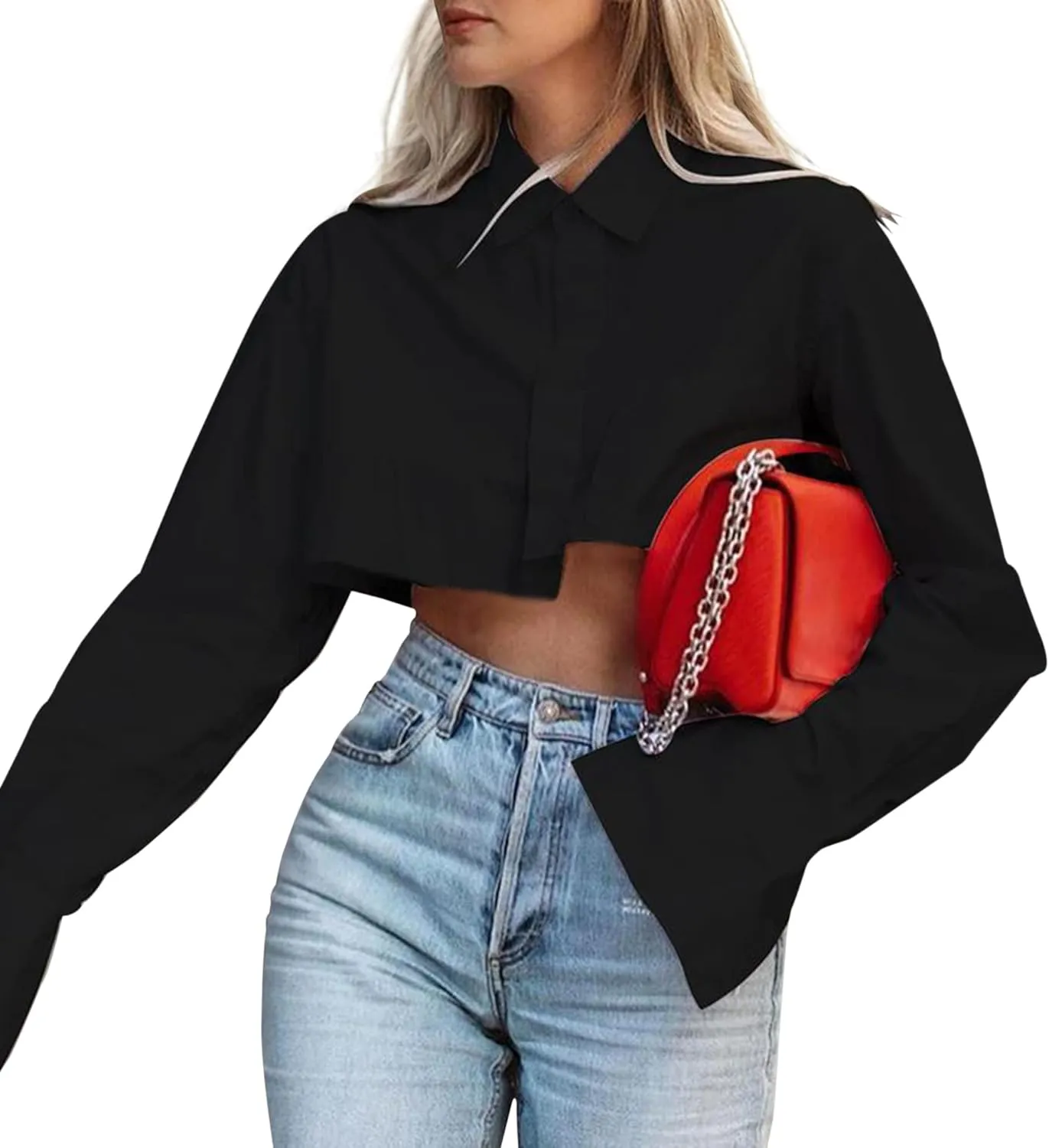 MISSACTIVER Women Solid Long Sleeve Button Up Crop Shirt Turn-Down Collar Irregular Loose Fitting Fashion Cropped Blouse Top