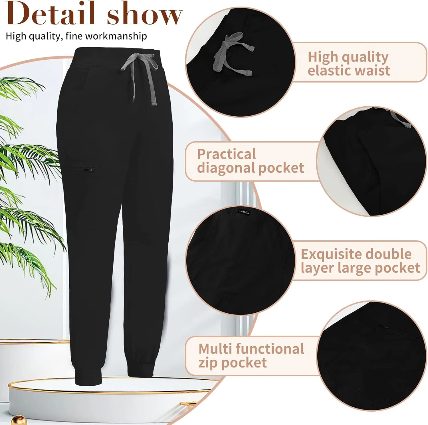 niaahinn Women Jogger Scrubs Pant Workwear Mid Rise Tapered Leg Drawstring for Nursing Soft Fabric