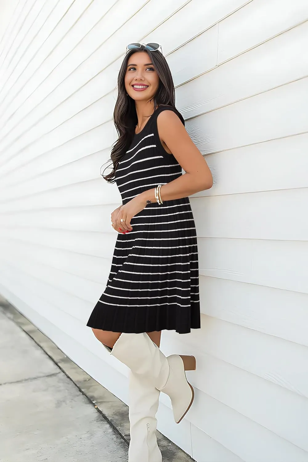 OUGES Women's 2025 Spring Maternity Dress Business Casual Outfits Pleated Sleeveless Crew Neck Ribbed Knit Short Dress