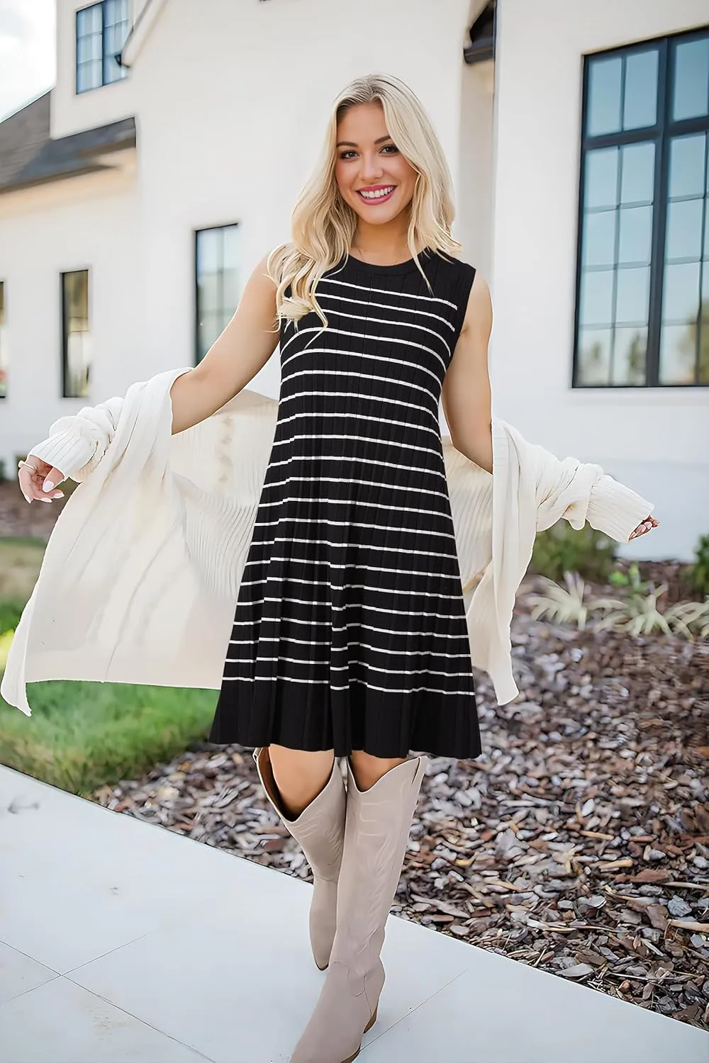 OUGES Women's 2025 Spring Maternity Dress Business Casual Outfits Pleated Sleeveless Crew Neck Ribbed Knit Short Dress