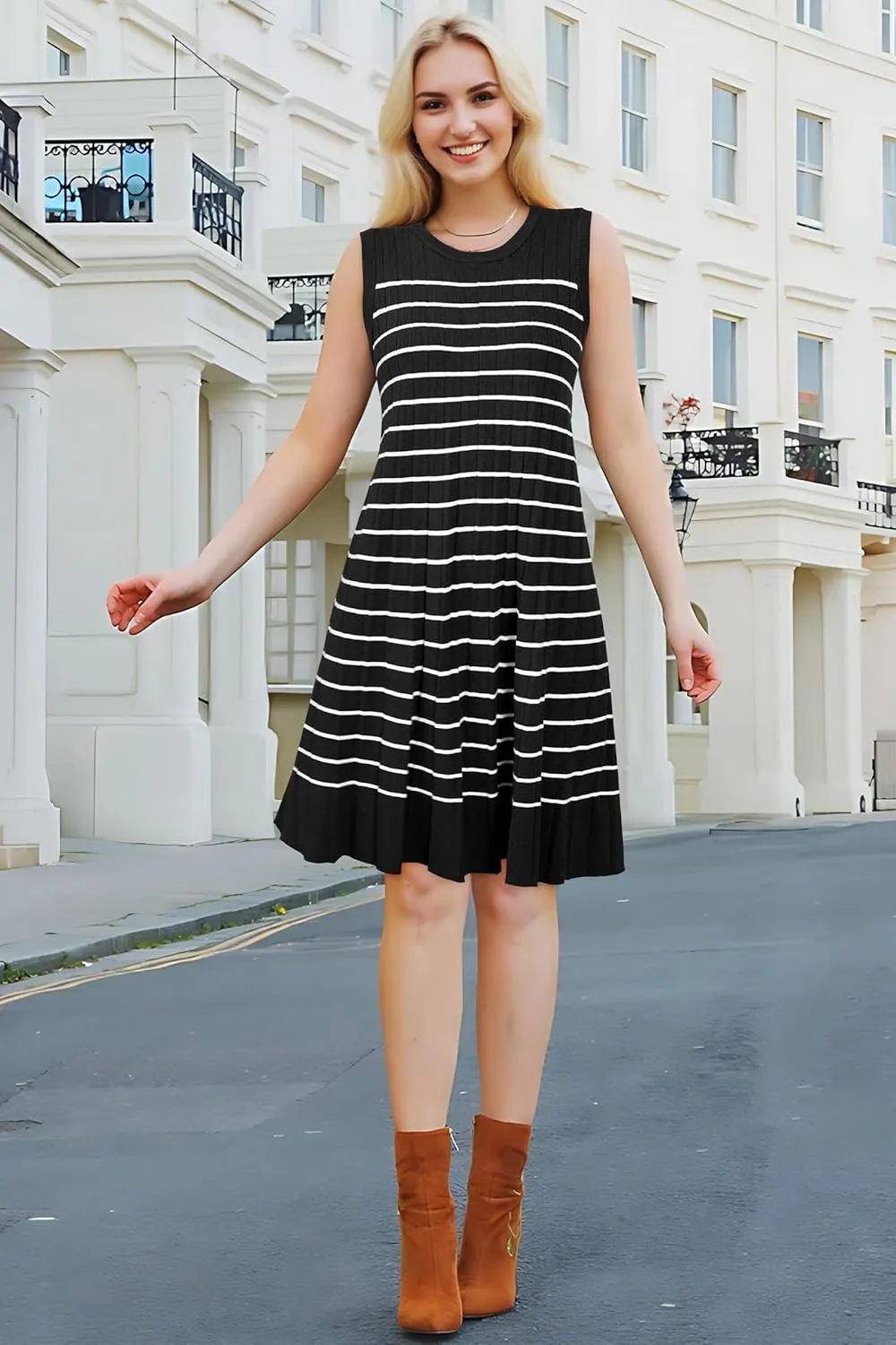 OUGES Women's 2025 Spring Maternity Dress Business Casual Outfits Pleated Sleeveless Crew Neck Ribbed Knit Short Dress