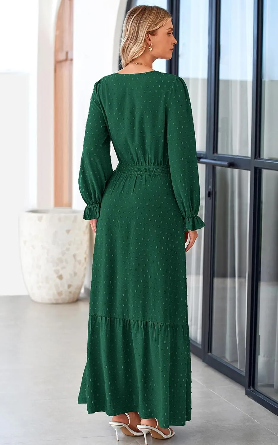 PRETTYGARDEN Women's Fall Maxi Dress 2024 V Neck Button Long Sleeve Swiss Dot High Waist Tiered Smocked Flowy Long Dresses
