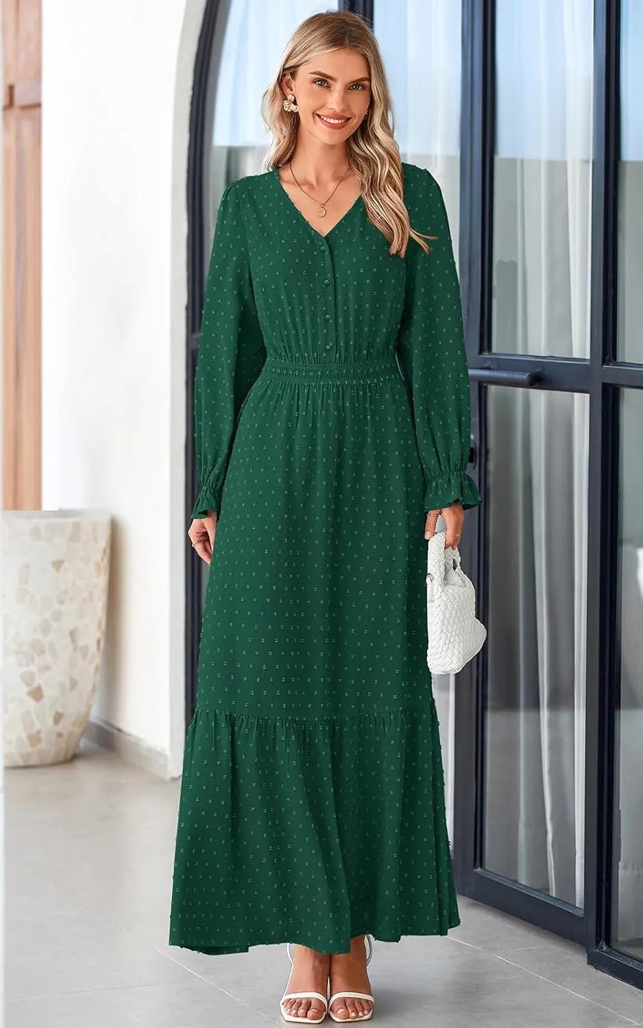PRETTYGARDEN Women's Fall Maxi Dress 2024 V Neck Button Long Sleeve Swiss Dot High Waist Tiered Smocked Flowy Long Dresses