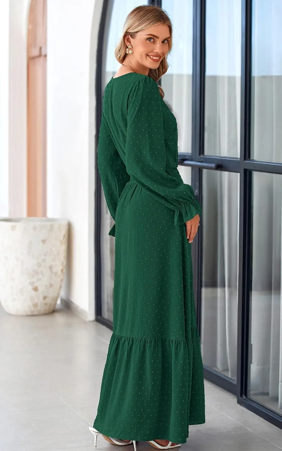 PRETTYGARDEN Women's Fall Maxi Dress 2024 V Neck Button Long Sleeve Swiss Dot High Waist Tiered Smocked Flowy Long Dresses