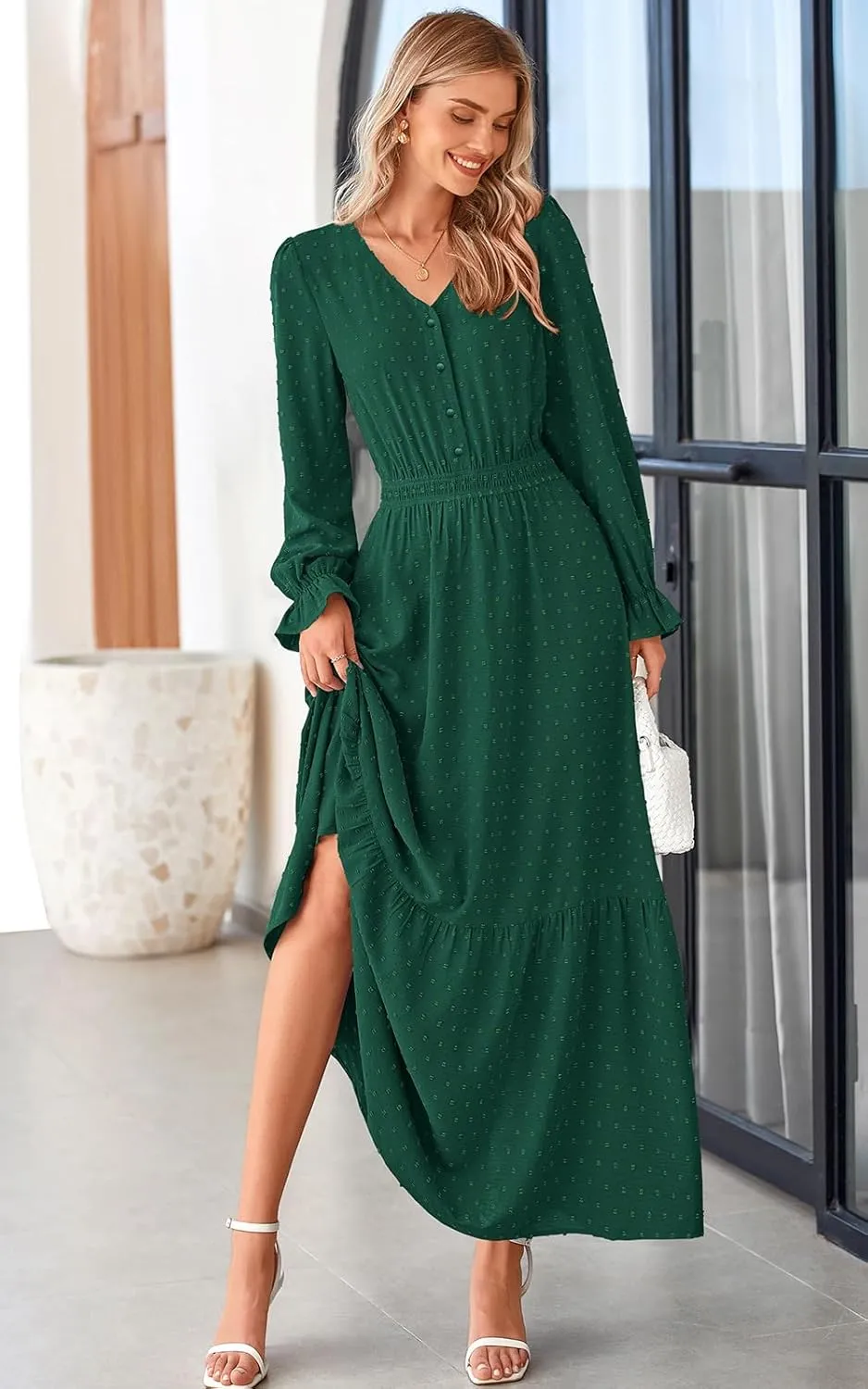 PRETTYGARDEN Women's Fall Maxi Dress 2024 V Neck Button Long Sleeve Swiss Dot High Waist Tiered Smocked Flowy Long Dresses