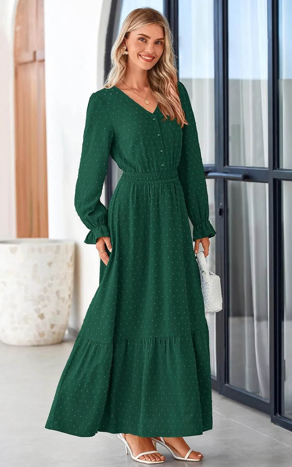 PRETTYGARDEN Women's Fall Maxi Dress 2024 V Neck Button Long Sleeve Swiss Dot High Waist Tiered Smocked Flowy Long Dresses