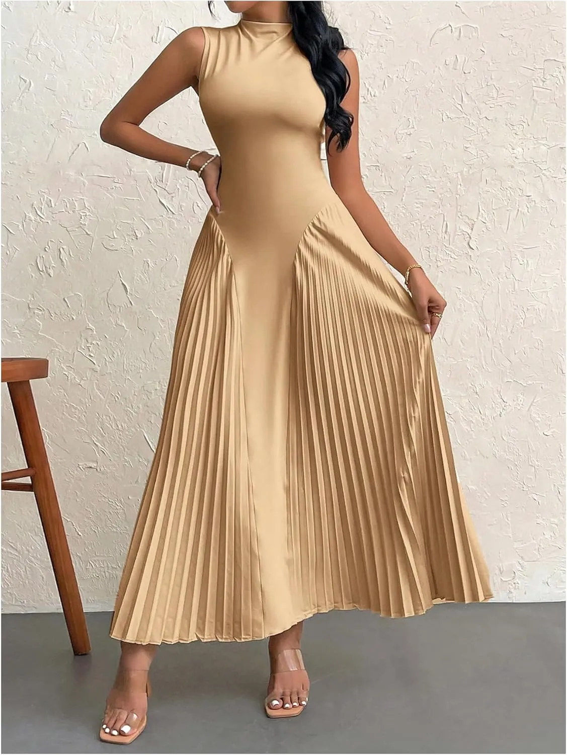 SOLY HUX Women's Maxi Dress Sleeveless Pleated A Line Mock Neck Flowy Long Dresses