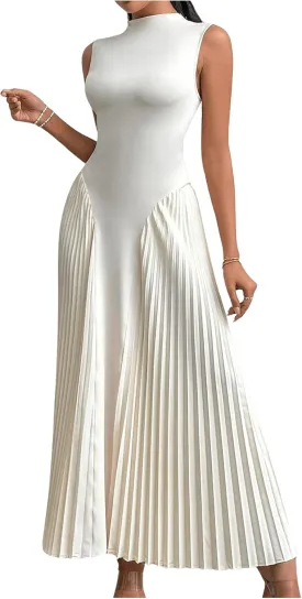SOLY HUX Women's Maxi Dress Sleeveless Pleated A Line Mock Neck Flowy Long Dresses