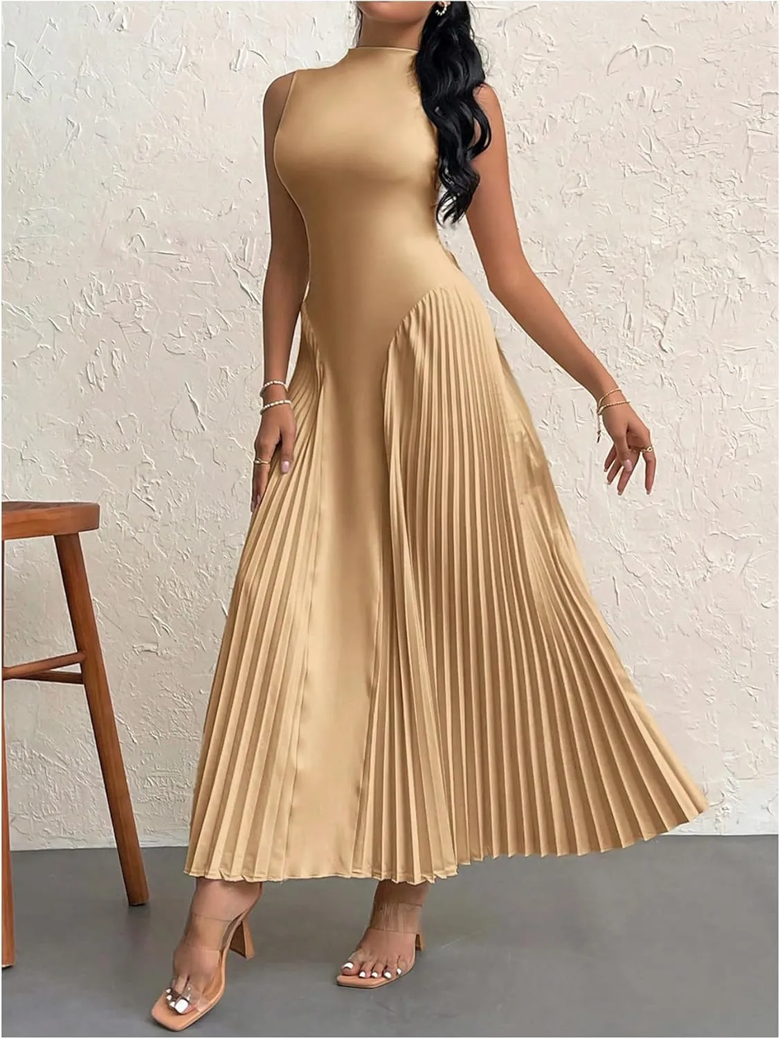 SOLY HUX Women's Maxi Dress Sleeveless Pleated A Line Mock Neck Flowy Long Dresses