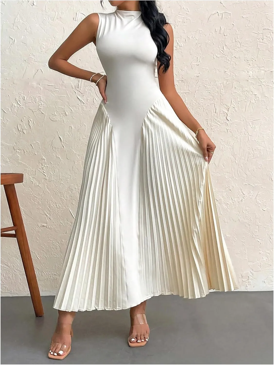 SOLY HUX Women's Maxi Dress Sleeveless Pleated A Line Mock Neck Flowy Long Dresses