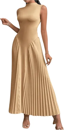SOLY HUX Women's Maxi Dress Sleeveless Pleated A Line Mock Neck Flowy Long Dresses