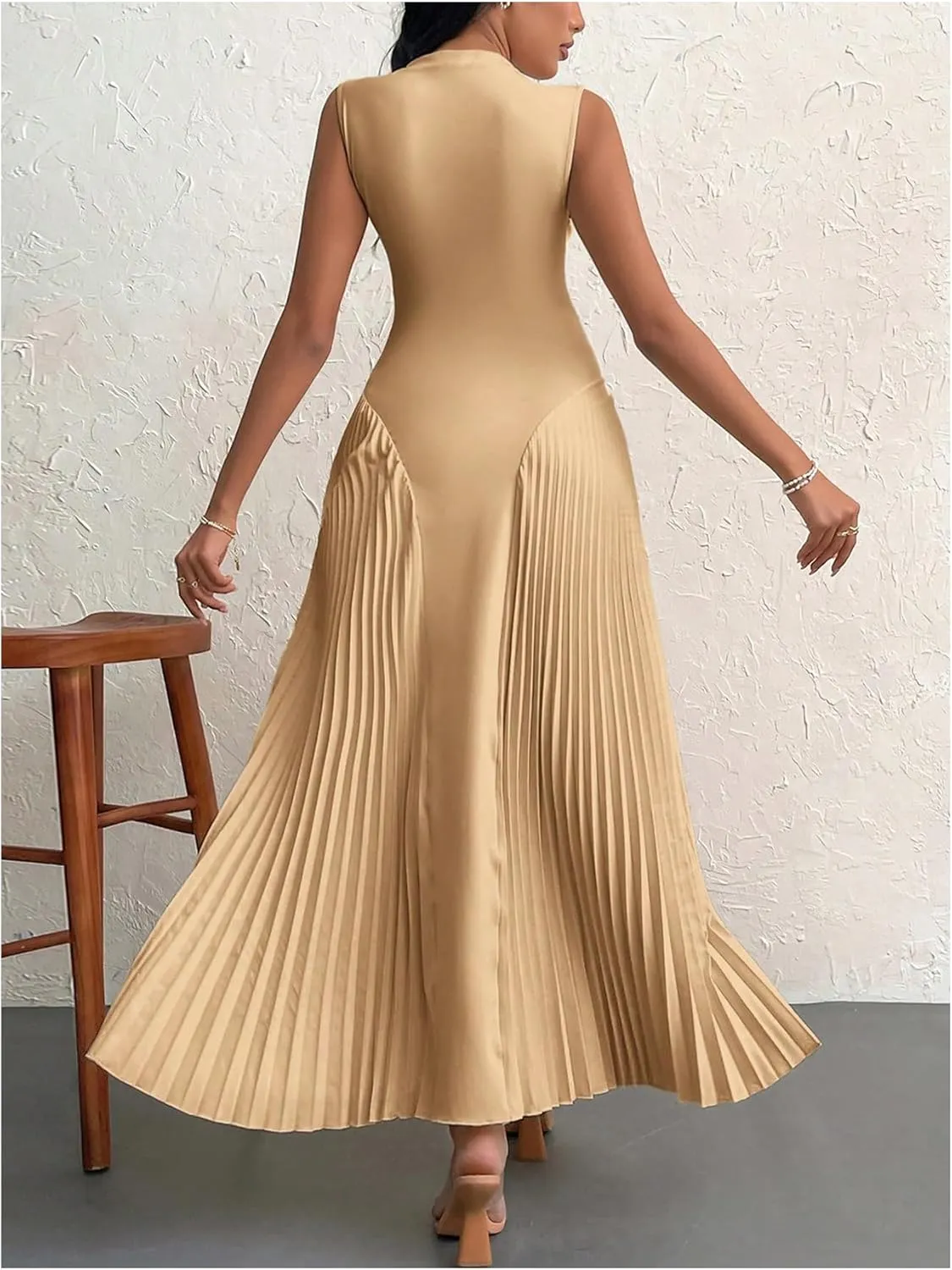 SOLY HUX Women's Maxi Dress Sleeveless Pleated A Line Mock Neck Flowy Long Dresses