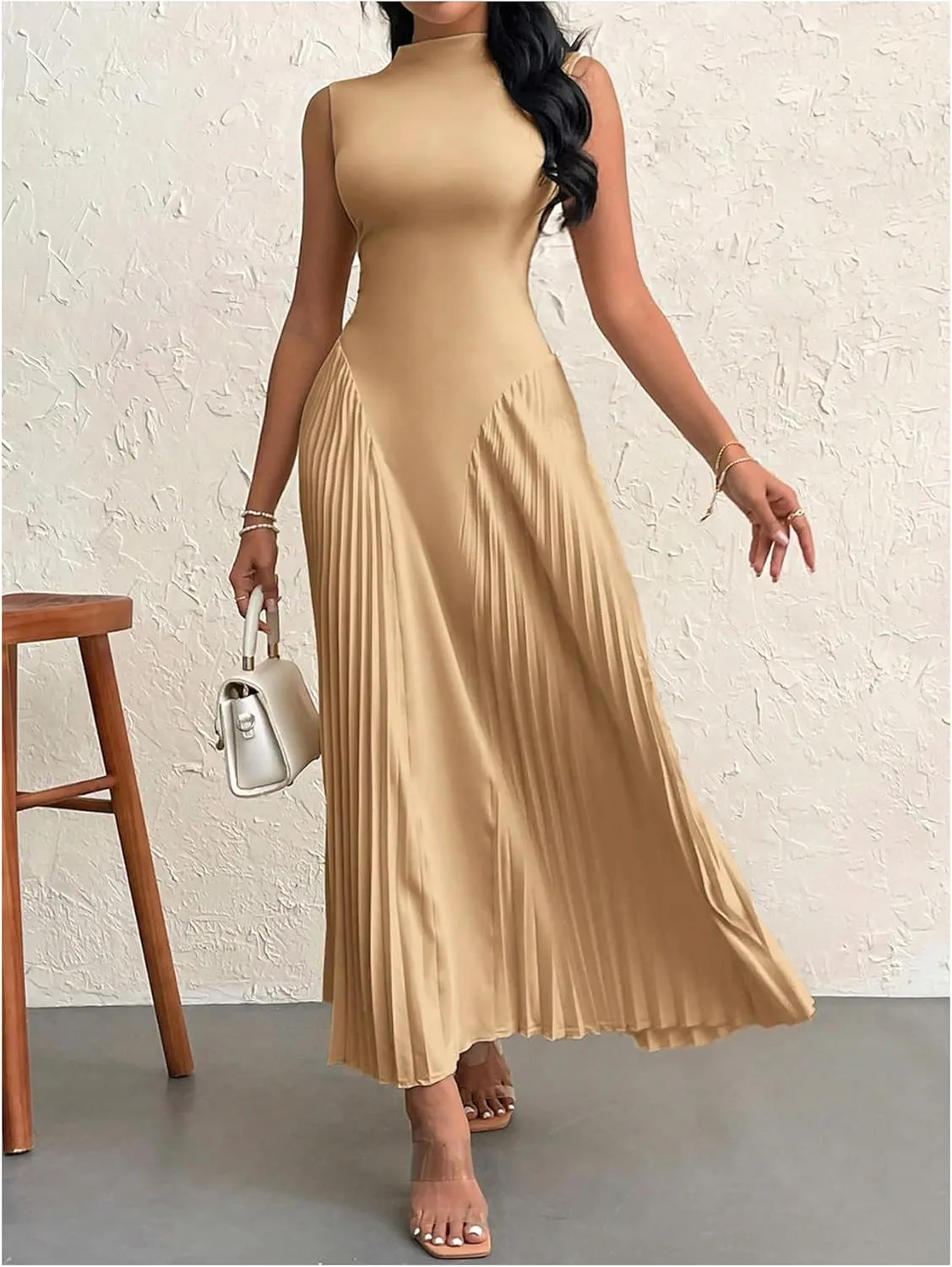 SOLY HUX Women's Maxi Dress Sleeveless Pleated A Line Mock Neck Flowy Long Dresses