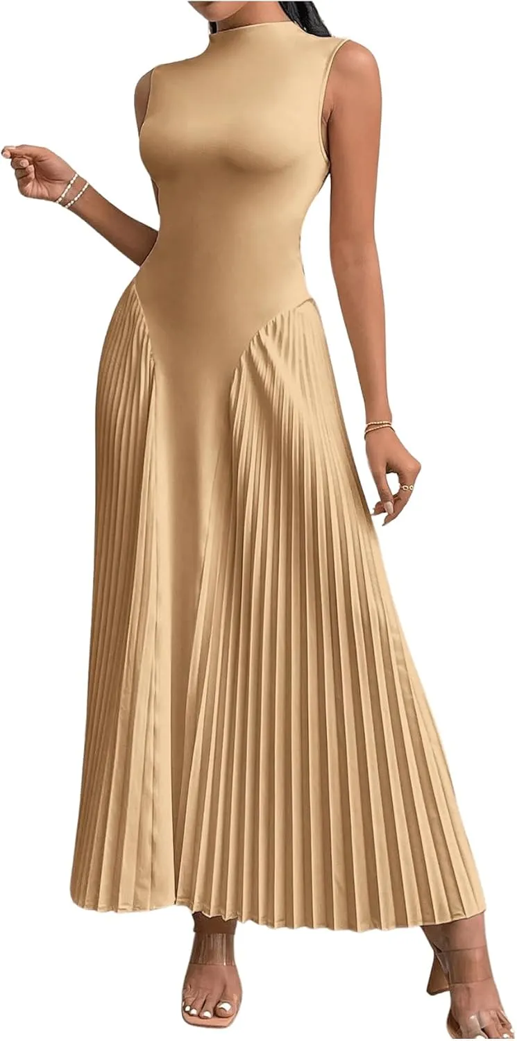 SOLY HUX Women's Maxi Dress Sleeveless Pleated A Line Mock Neck Flowy Long Dresses