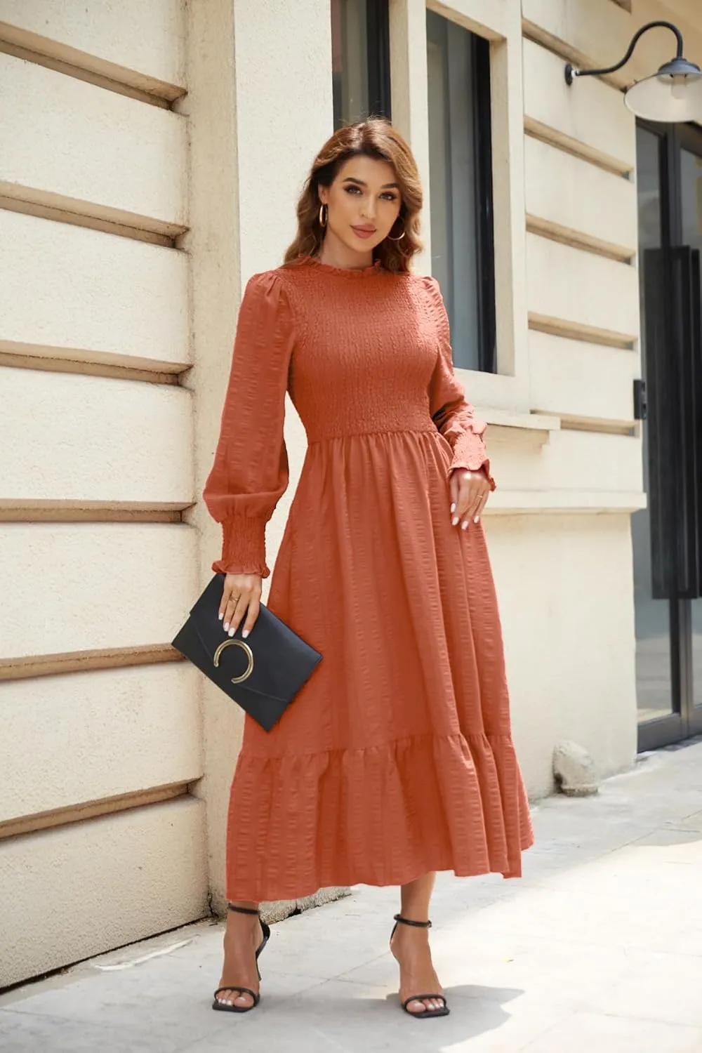 VintageClothing Women's 2023 Casual Fall Midi Dresses Long Sleeve Crew Neck Smocked Flowy Tiered Long Dress with Pockets
