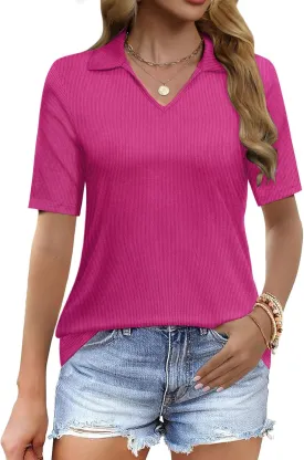 Womens Polo Shirts Short Sleeve V Neck Business Casual Collared Work Tops Ribbed Tunic Tee Basic Solid Summer Tops 2025
