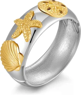 WOWORAMA Chunky Silver Bangle Bracelets for Women Trendy Sea Shell Starfish Bracelet Boho Summer Beach Statement Bracelet Thick Silver Chunky Cuff Bangle Bracelets