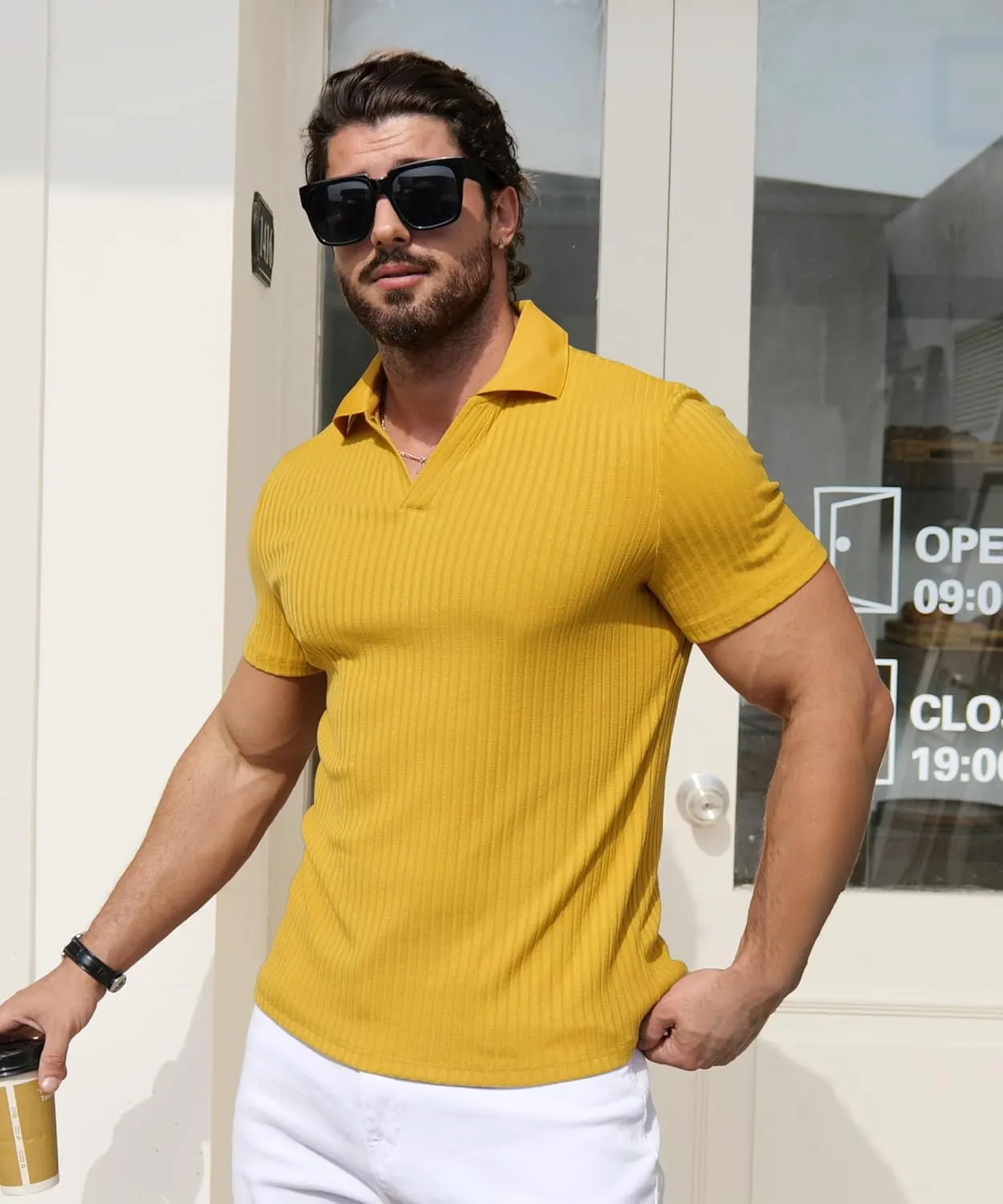 YTD Men's Muscle V Neck Polo Shirts Slim Fit Solid Short Sleeve Golf T-Shirts Ribbed Knit Soft Tees