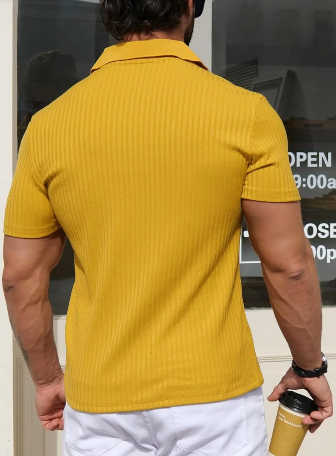 YTD Men's Muscle V Neck Polo Shirts Slim Fit Solid Short Sleeve Golf T-Shirts Ribbed Knit Soft Tees