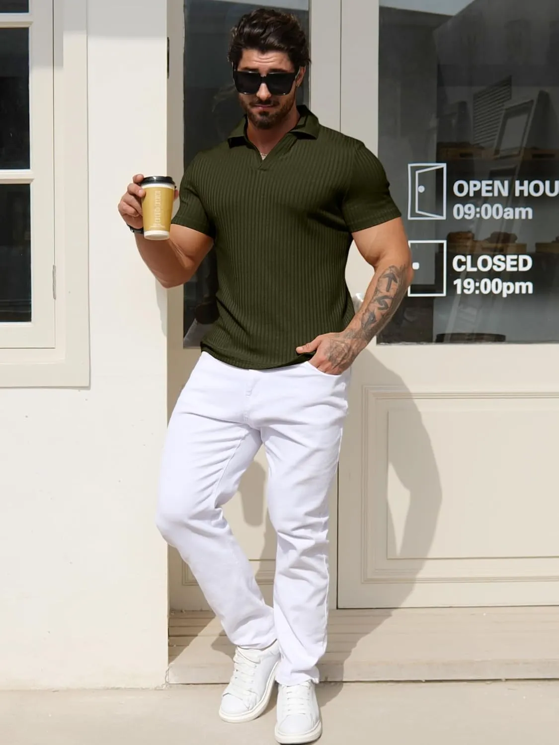 YTD Men's Muscle V Neck Polo Shirts Slim Fit Solid Short Sleeve Golf T-Shirts Ribbed Knit Soft Tees