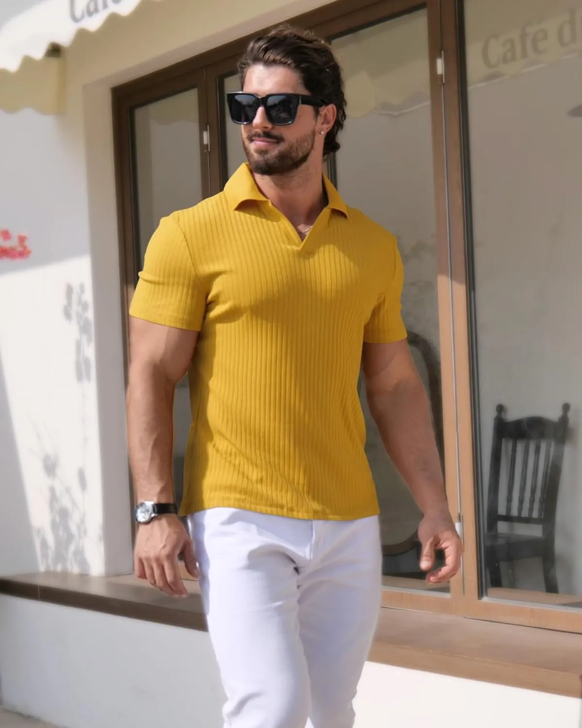YTD Men's Muscle V Neck Polo Shirts Slim Fit Solid Short Sleeve Golf T-Shirts Ribbed Knit Soft Tees