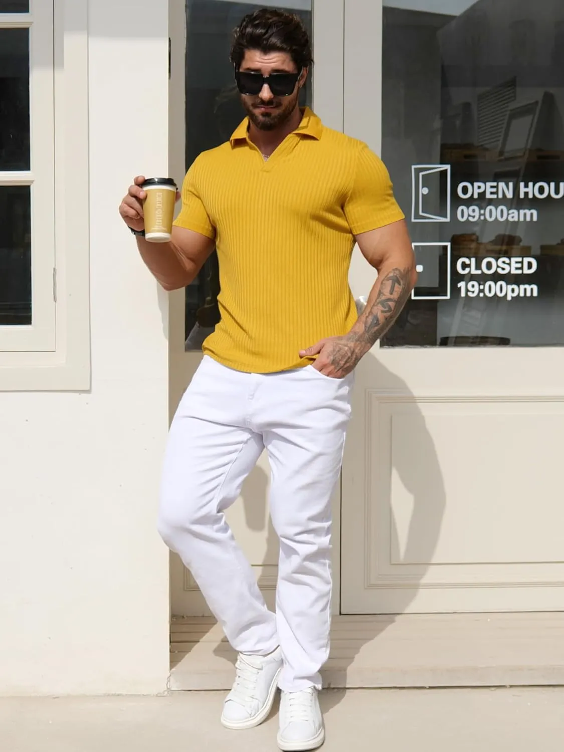 YTD Men's Muscle V Neck Polo Shirts Slim Fit Solid Short Sleeve Golf T-Shirts Ribbed Knit Soft Tees