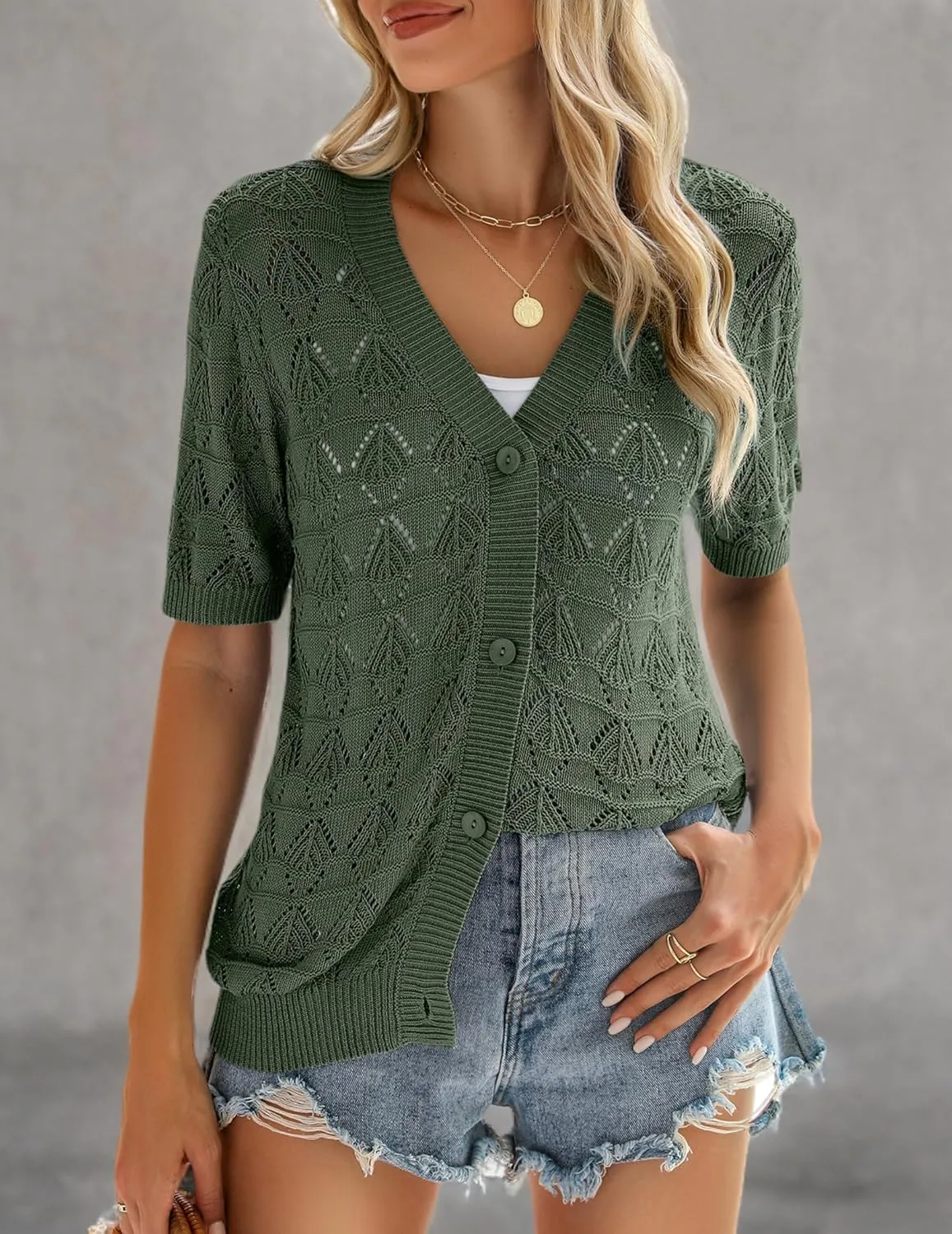 Zeagoo Women's Short Sleeve 2025 Summer Crochet Cropped Cardigan V Neck Button up Bolero Shrug Sweater