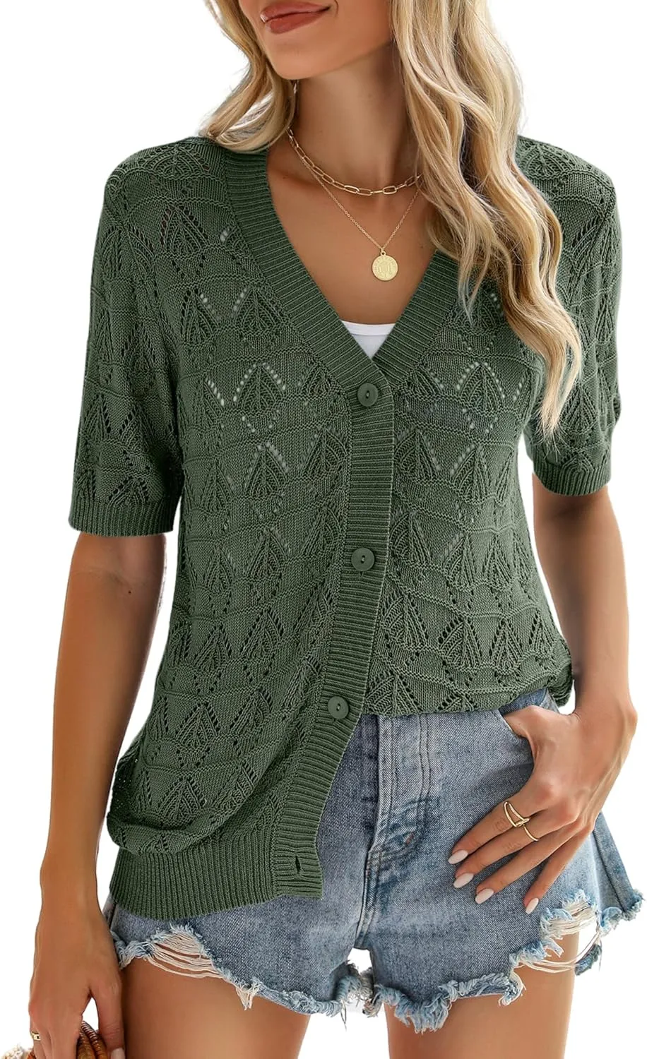 Zeagoo Women's Short Sleeve 2025 Summer Crochet Cropped Cardigan V Neck Button up Bolero Shrug Sweater