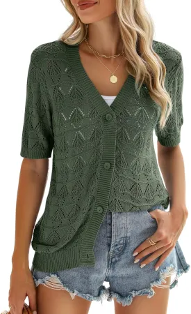 Zeagoo Women's Short Sleeve 2025 Summer Crochet Cropped Cardigan V Neck Button up Bolero Shrug Sweater