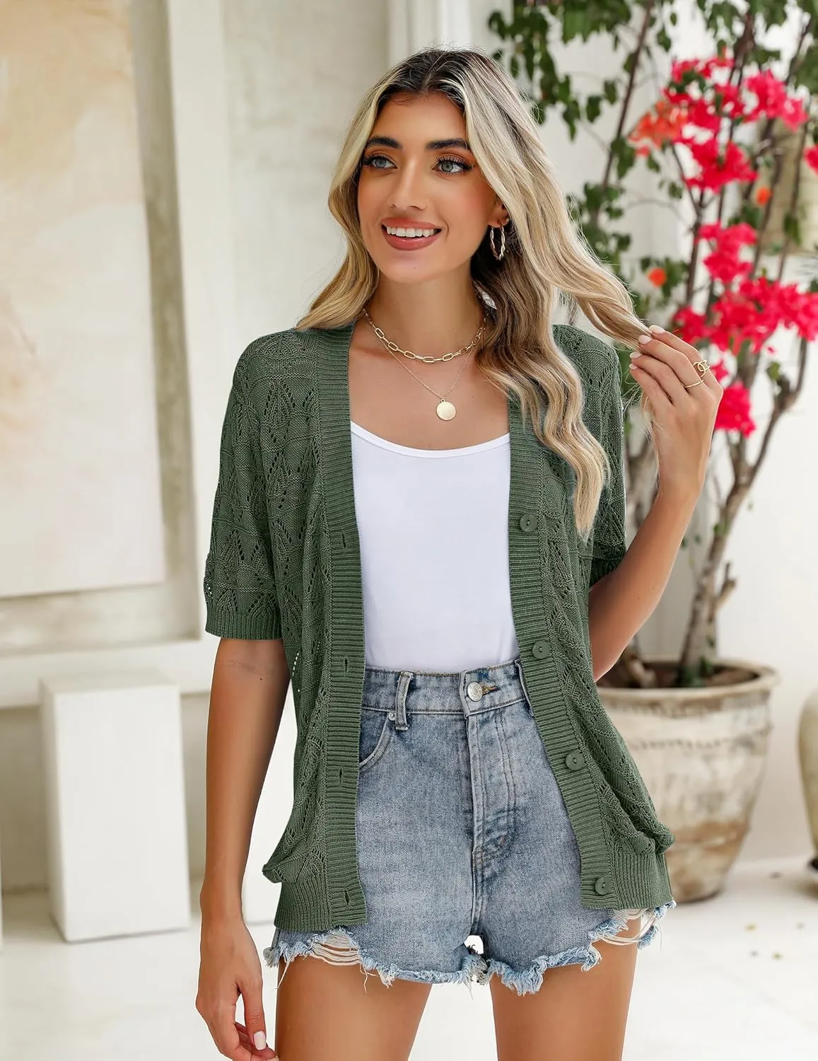 Zeagoo Women's Short Sleeve 2025 Summer Crochet Cropped Cardigan V Neck Button up Bolero Shrug Sweater