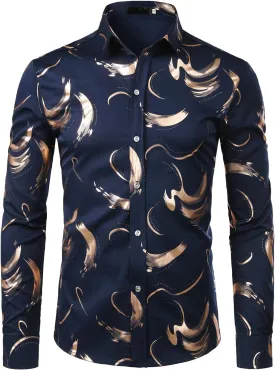 ZEROYAA Men's Hipster Shiny Design Slim Fit Long Sleeve Button Up Party Dress Shirts